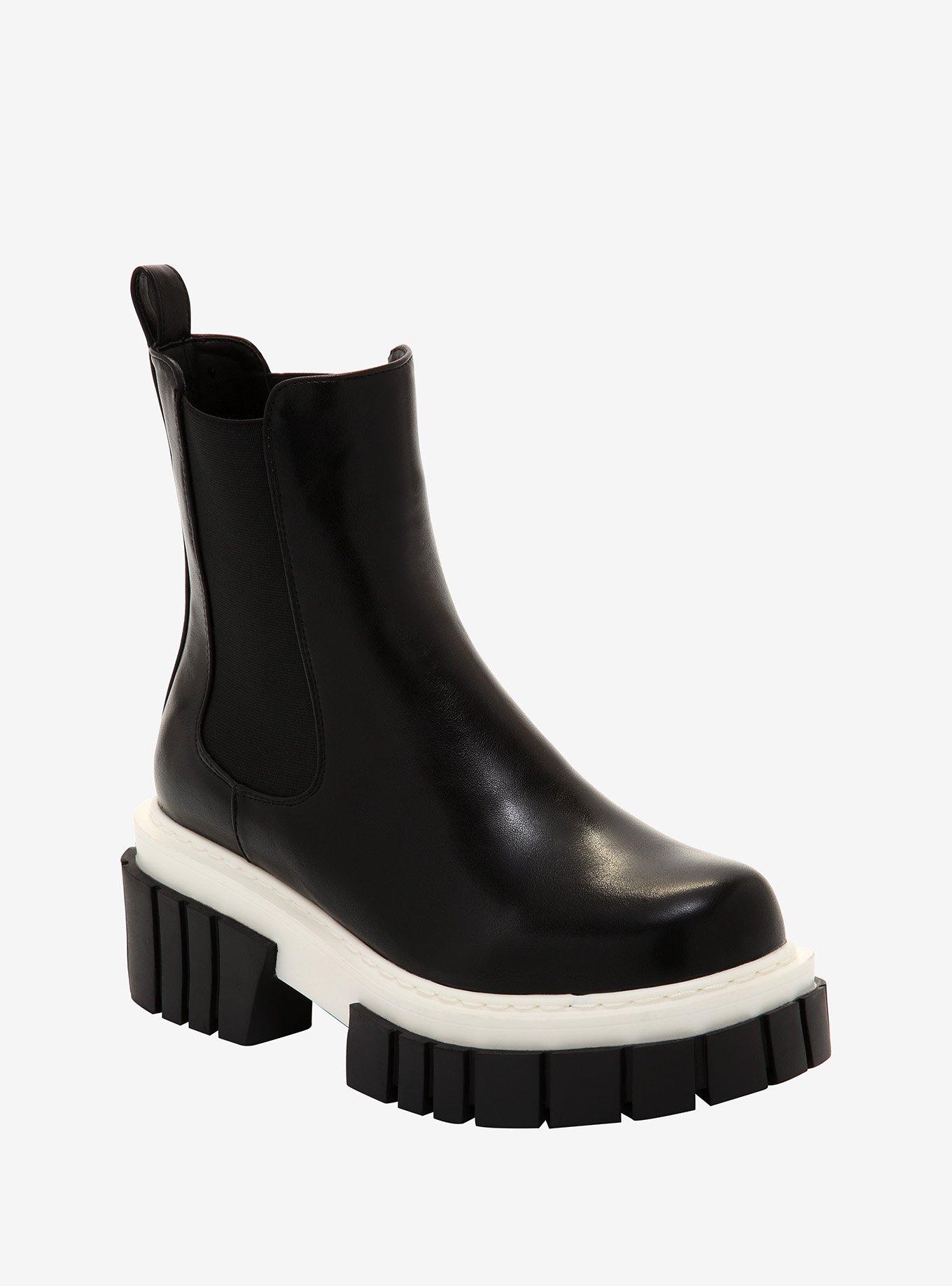 Black Faux Leather Slip-On Color-Block Platform Booties, BLACK, hi-res