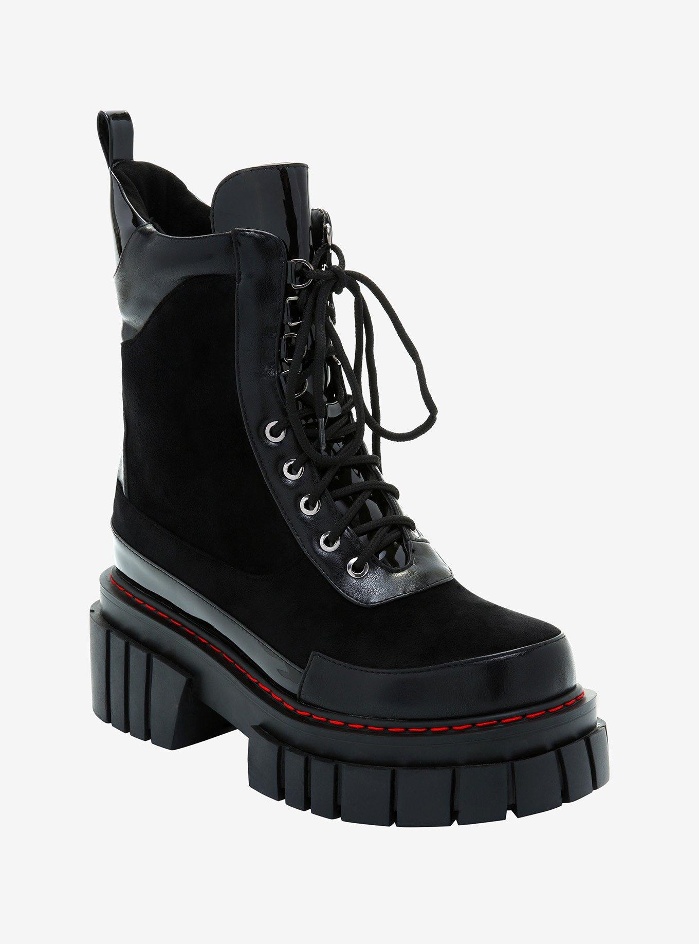 Black Faux Suede Platform Combat Boots, BLACK, hi-res