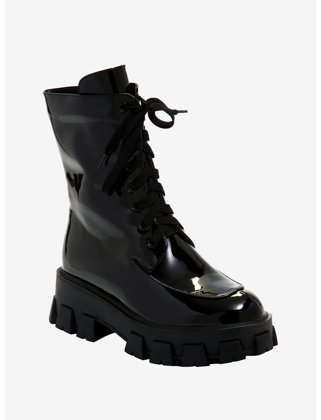 Black Patent Platform Combat Boots, BLACK, hi-res