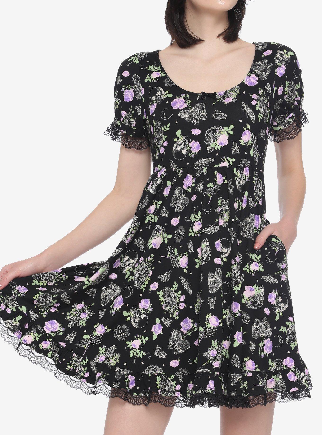 Floral Bones & Lace Skater Dress, BLACK, hi-res