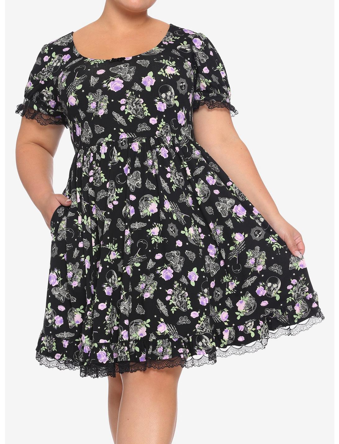 Floral Bones & Lace Skater Dress Plus Size, BLACK, hi-res