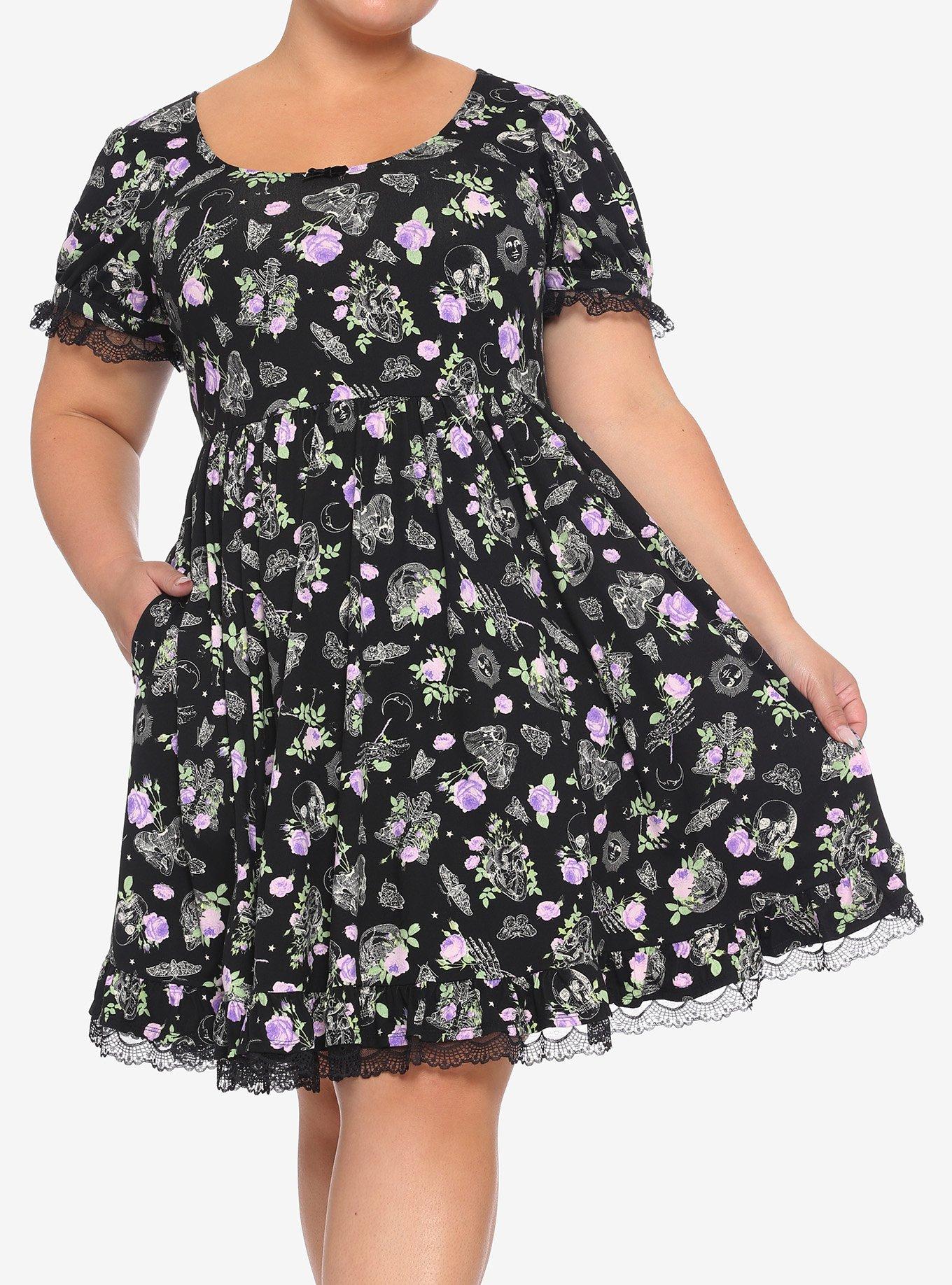 Floral Bones & Lace Skater Dress Plus Size, BLACK, hi-res