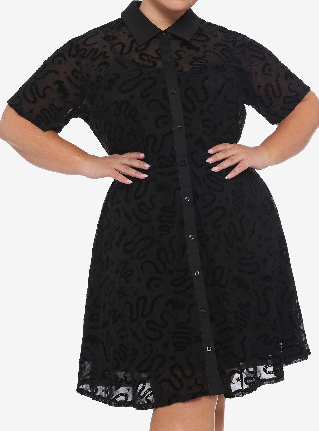 Snake Flocked Button-Front Collar Dress Plus Size, BLACK, hi-res