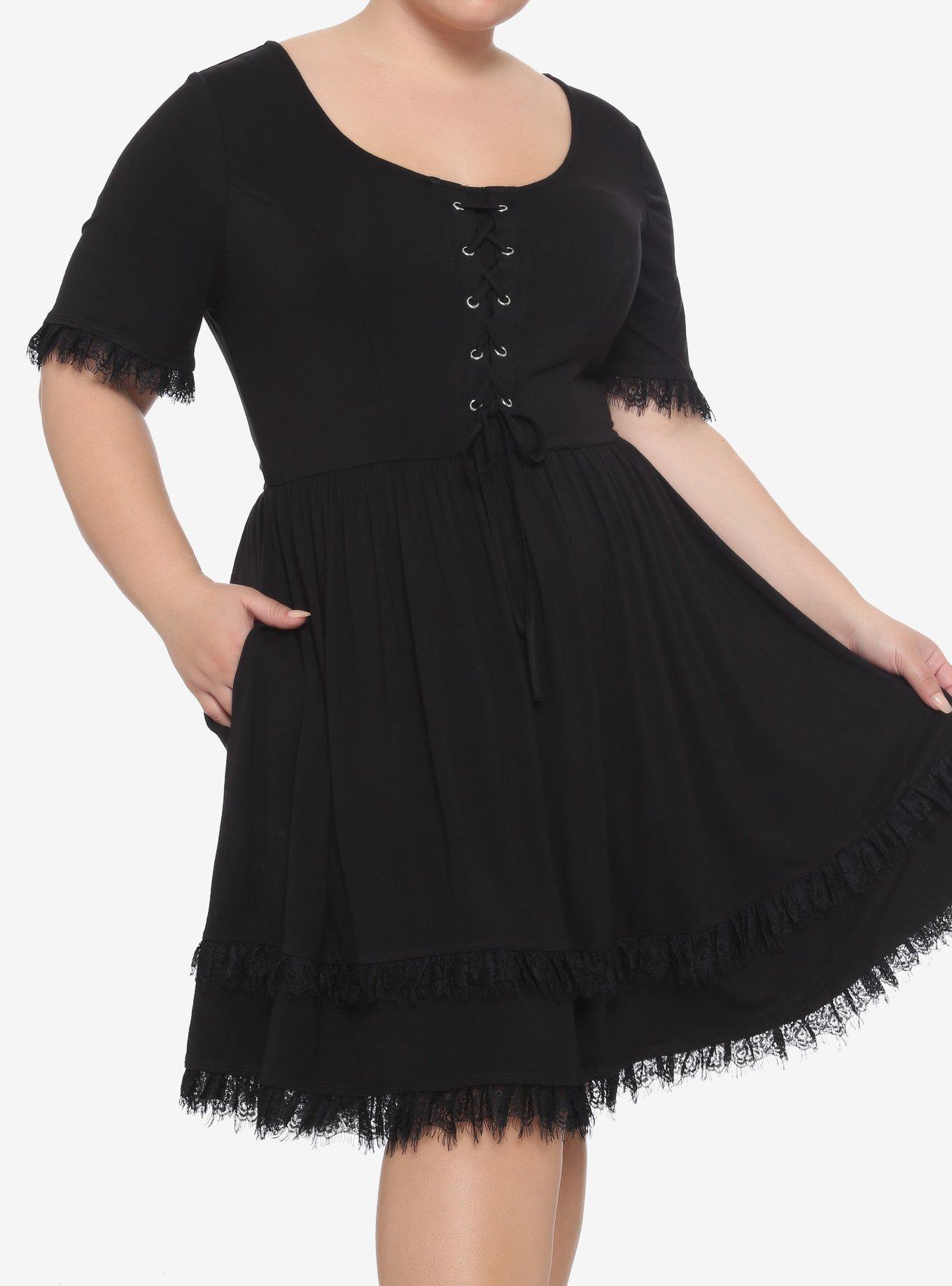 Black Skull Back Ruffles & Lace Dress Plus Size, BLACK, hi-res