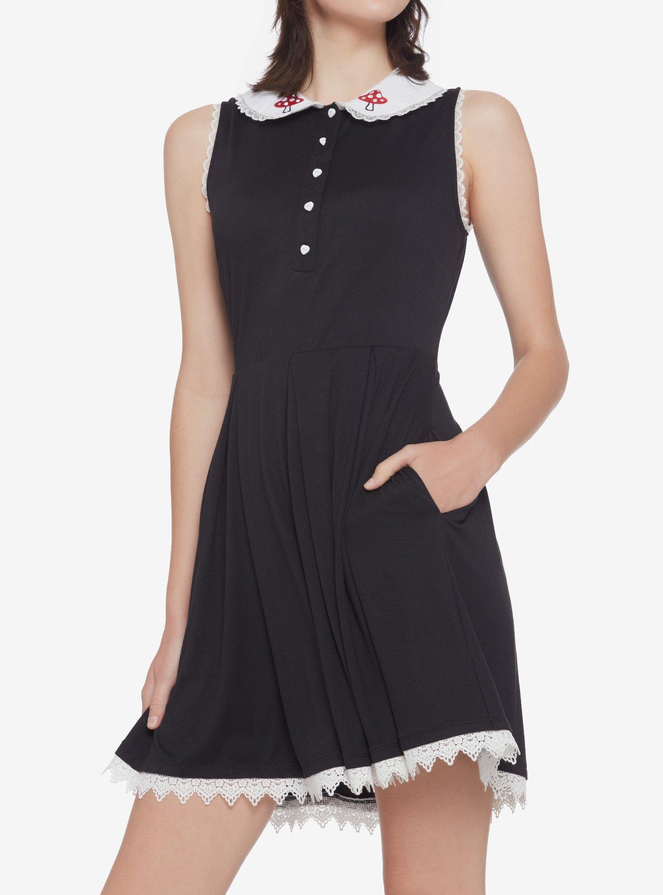 Mushroom Collar Lace Trim Dress, BLACK, hi-res