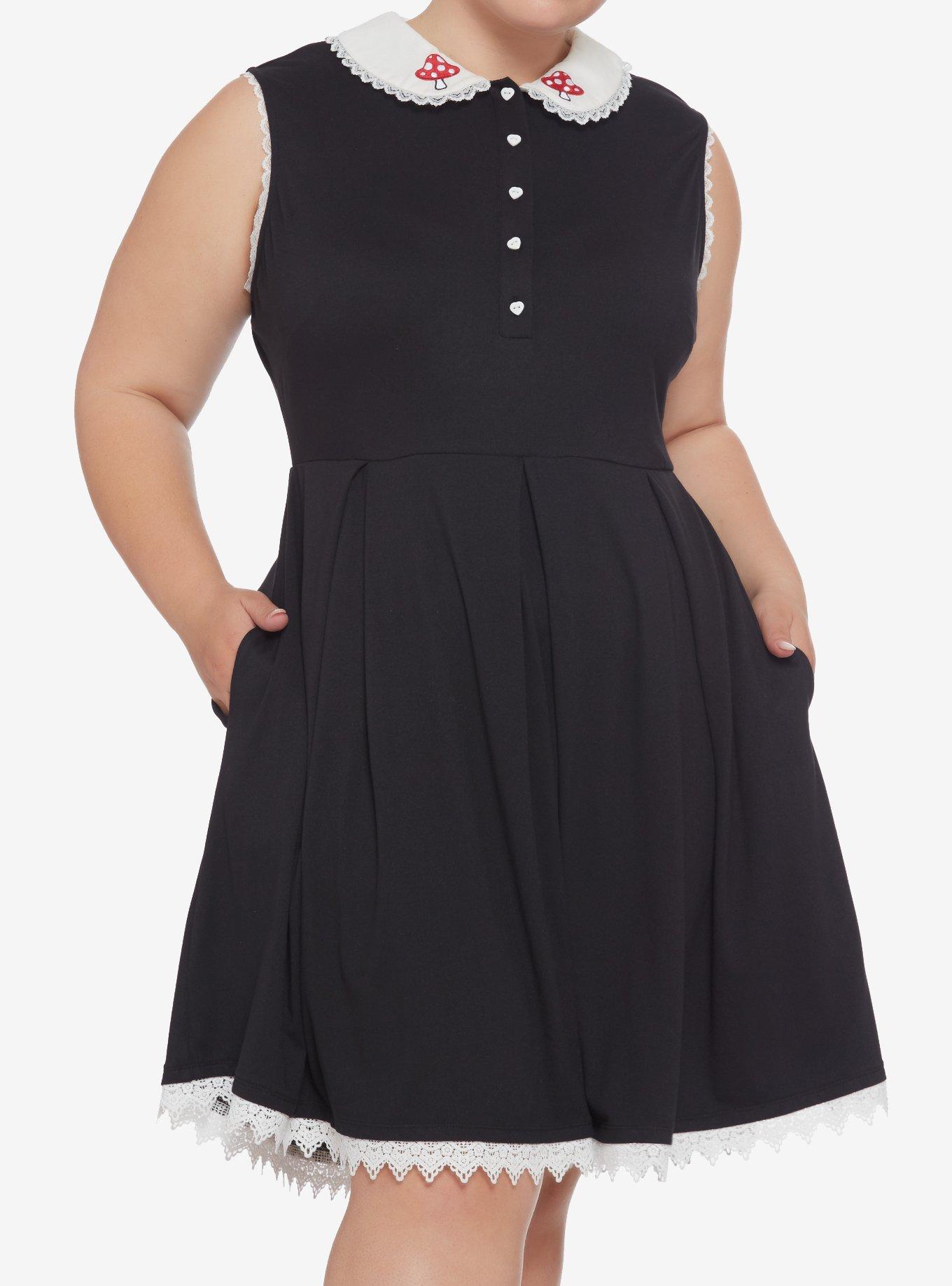 Mushroom Collar Lace Trim Dress Plus Size, BLACK, hi-res