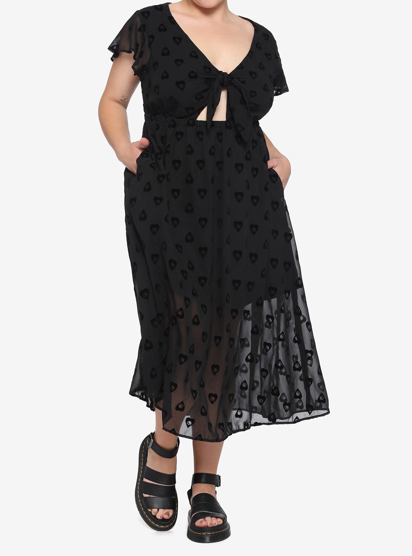Black Planchette Tie-Front Midi Dress Plus Size, BLACK, hi-res