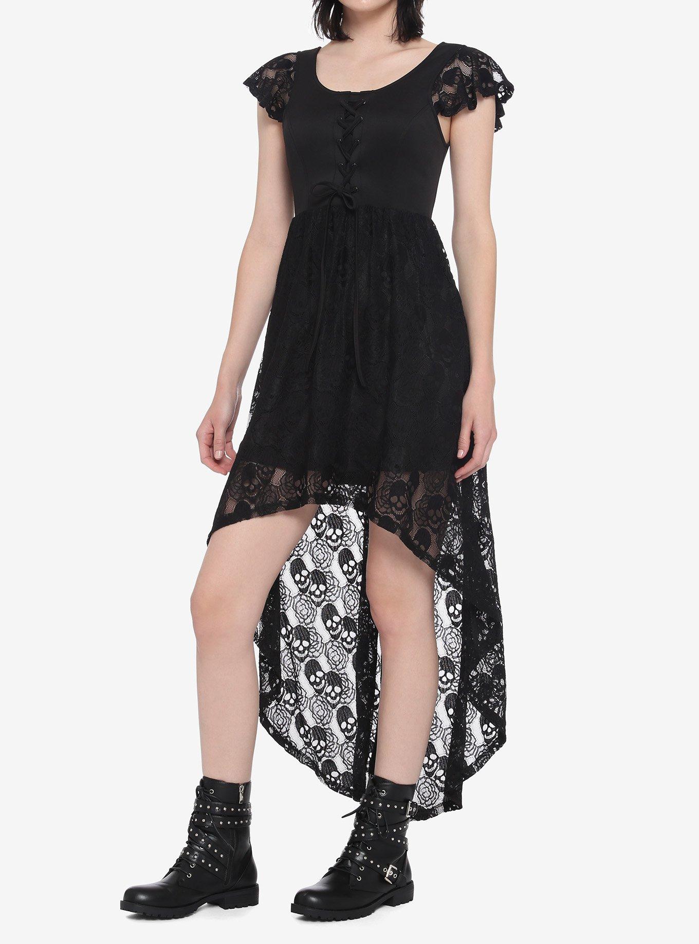Black Lace-Up Front Skull Lace Hi-Low Dress, BLACK, hi-res