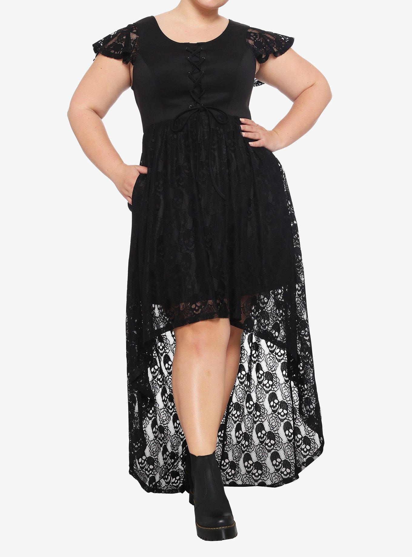 Black Lace-Up Front Skull Lace Hi-Low Dress Plus Size, BLACK, hi-res