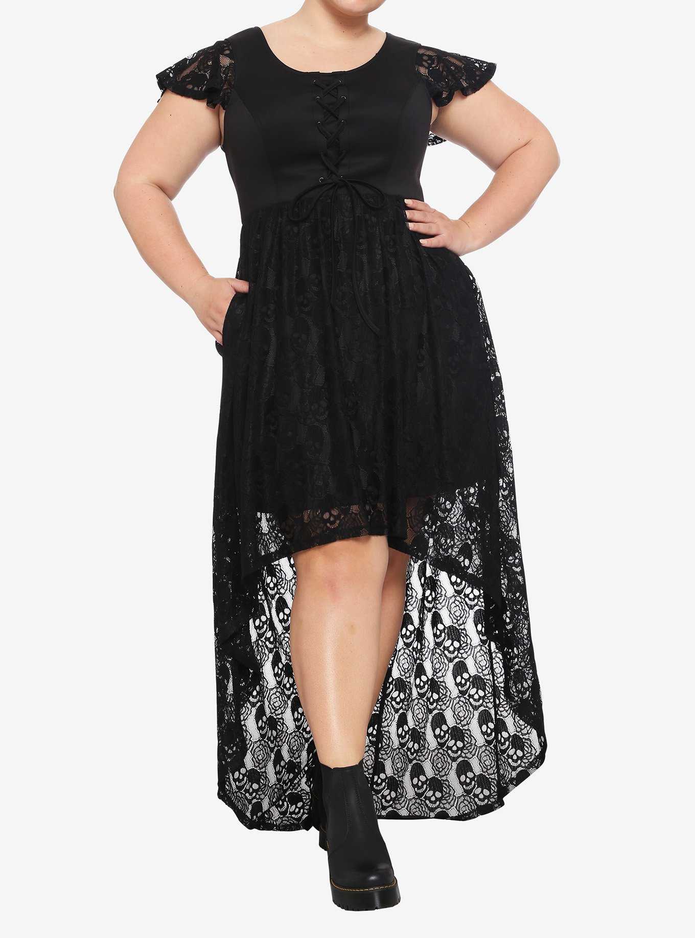 Black Lace-Up Front Skull Lace Hi-Low Dress Plus Size, , hi-res