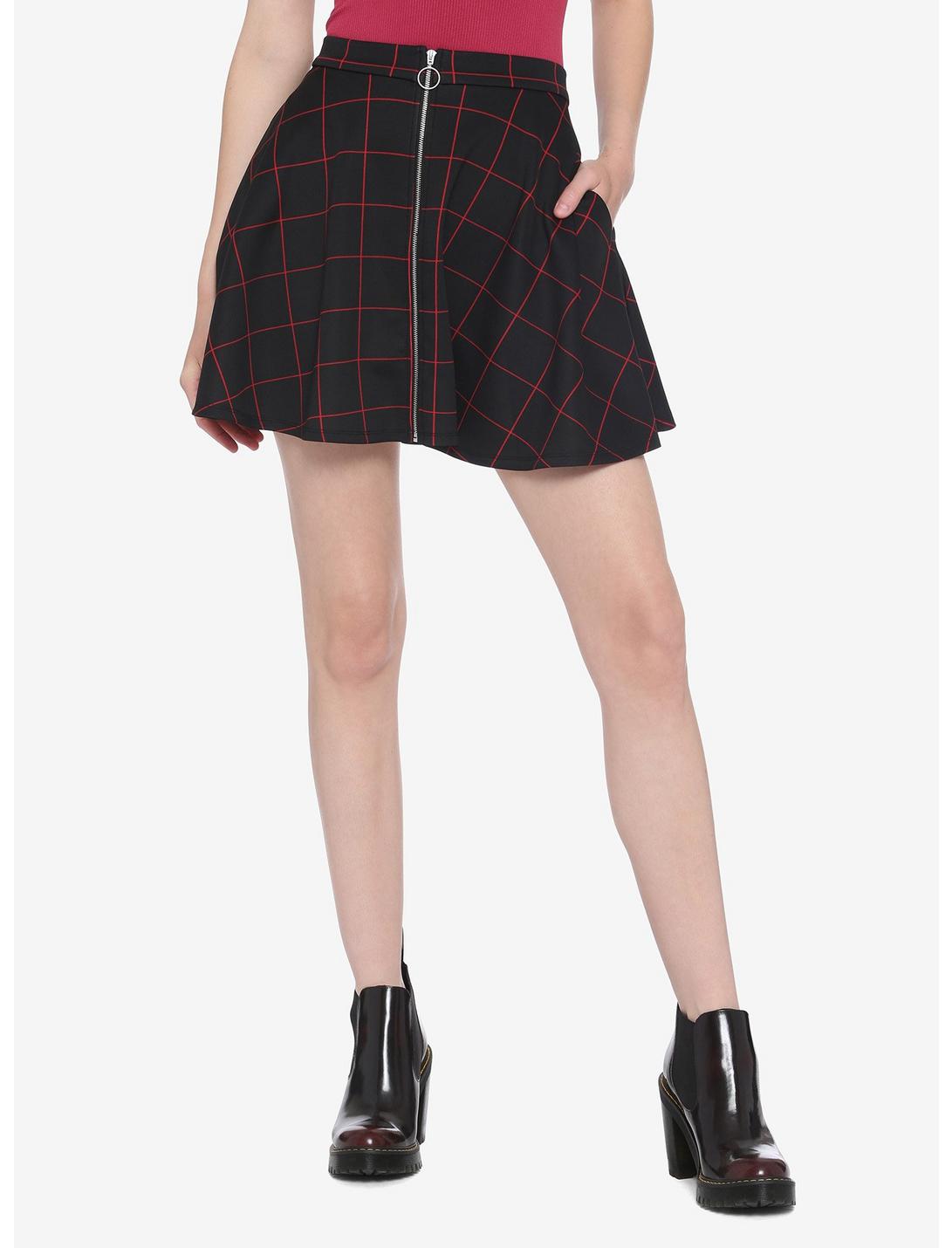 Black & Red Grid O-Ring Skater Skirt, PLAID - RED, hi-res