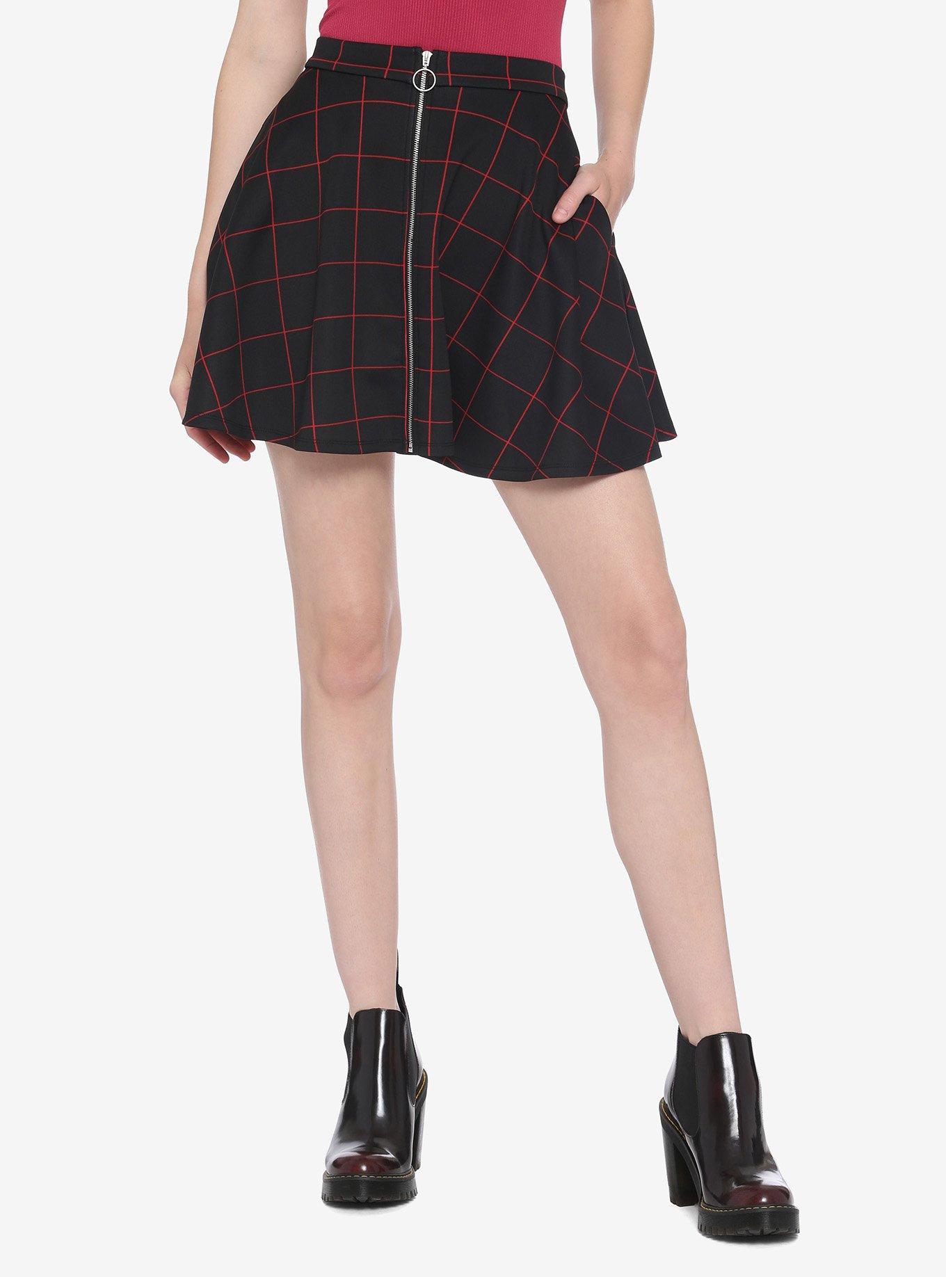 Black & Red Grid O-Ring Skater Skirt, PLAID - RED, hi-res