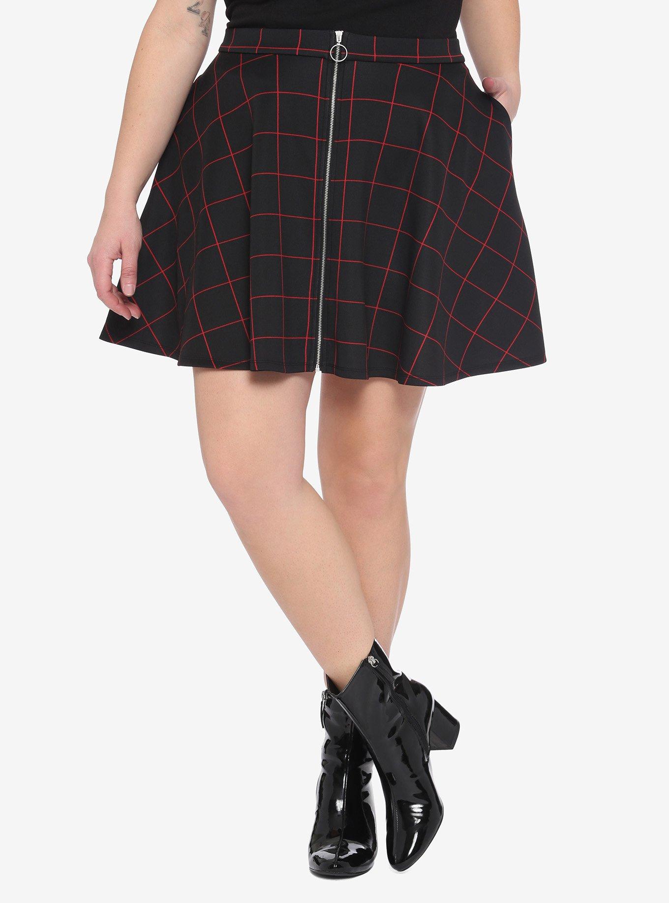 Black & Red Grid O-Ring Skater Skirt Plus Size, PLAID - RED, hi-res