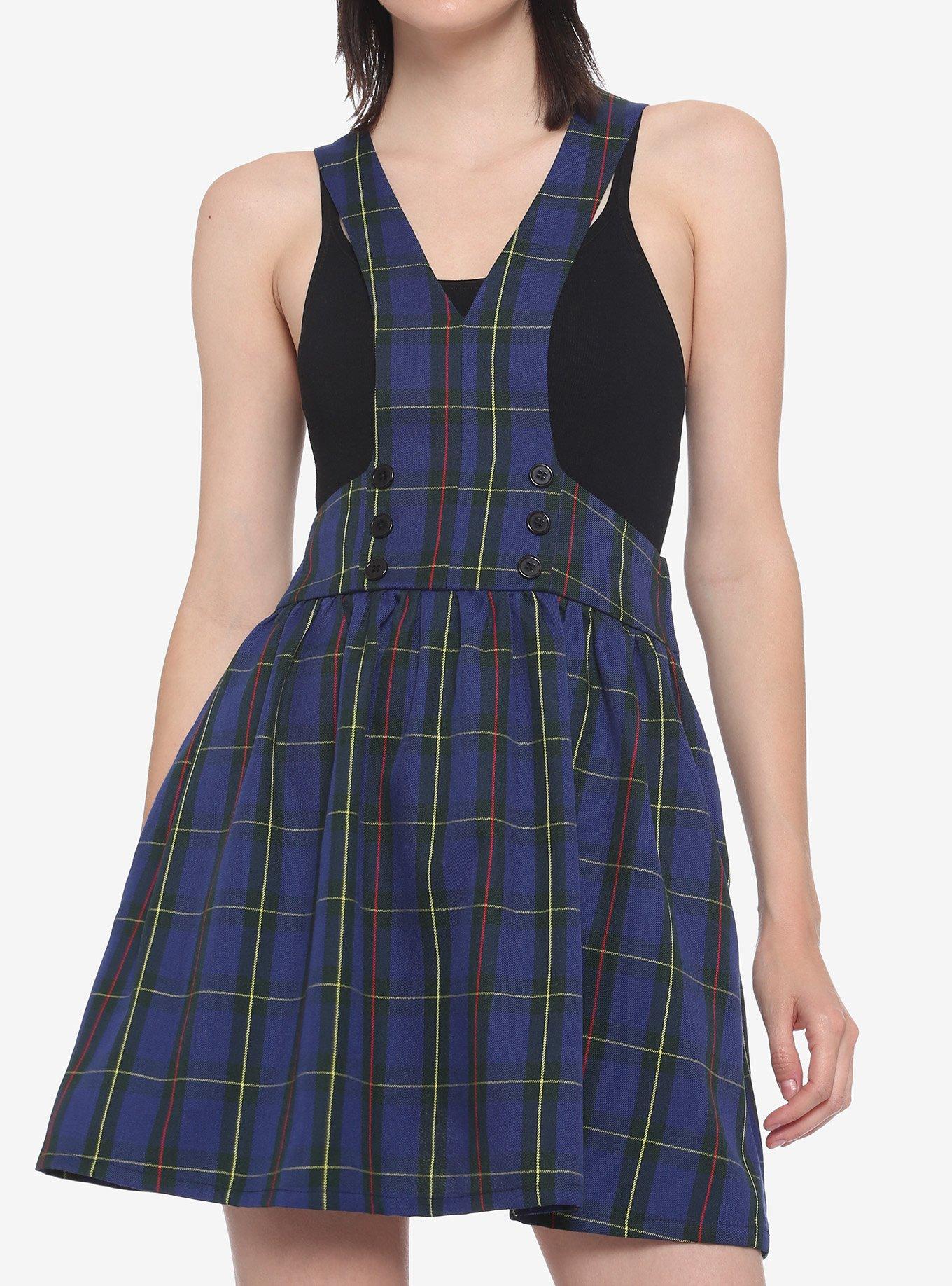 Blue Plaid Bib Suspender Skirt, PLAID, hi-res