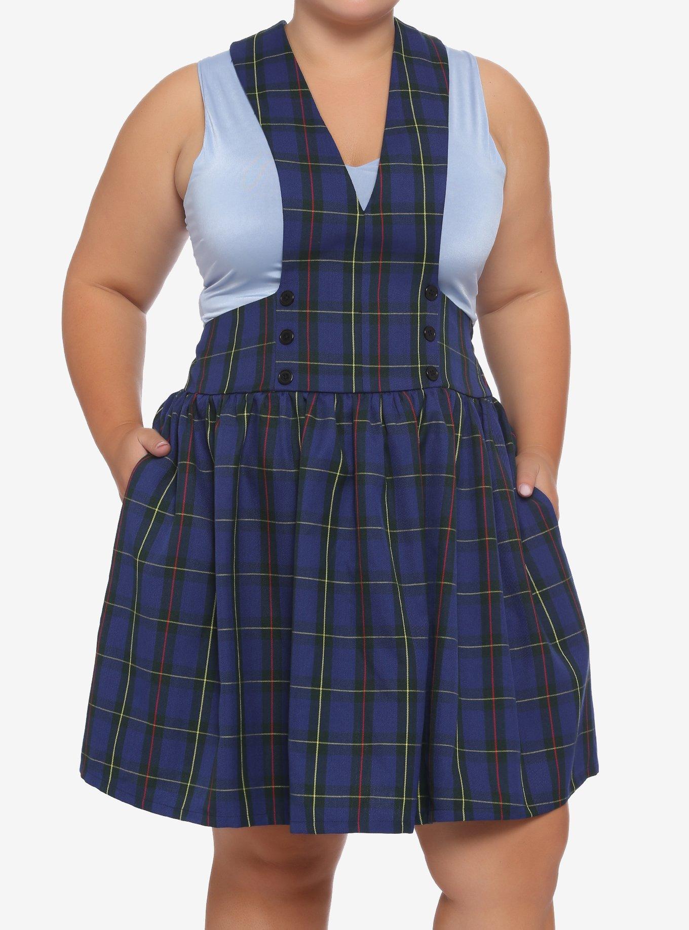 Blue Plaid Bib Suspender Skirt Plus Size, PLAID, hi-res