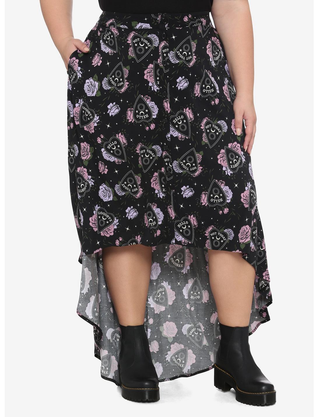 Floral Planchette Button-Front Hi-Low Maxi Skirt Plus Size, BLACK, hi-res