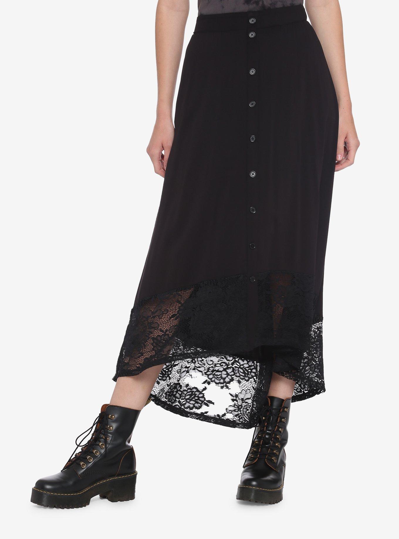 Black Lace Hi-Low Maxi Skirt, BLACK, hi-res