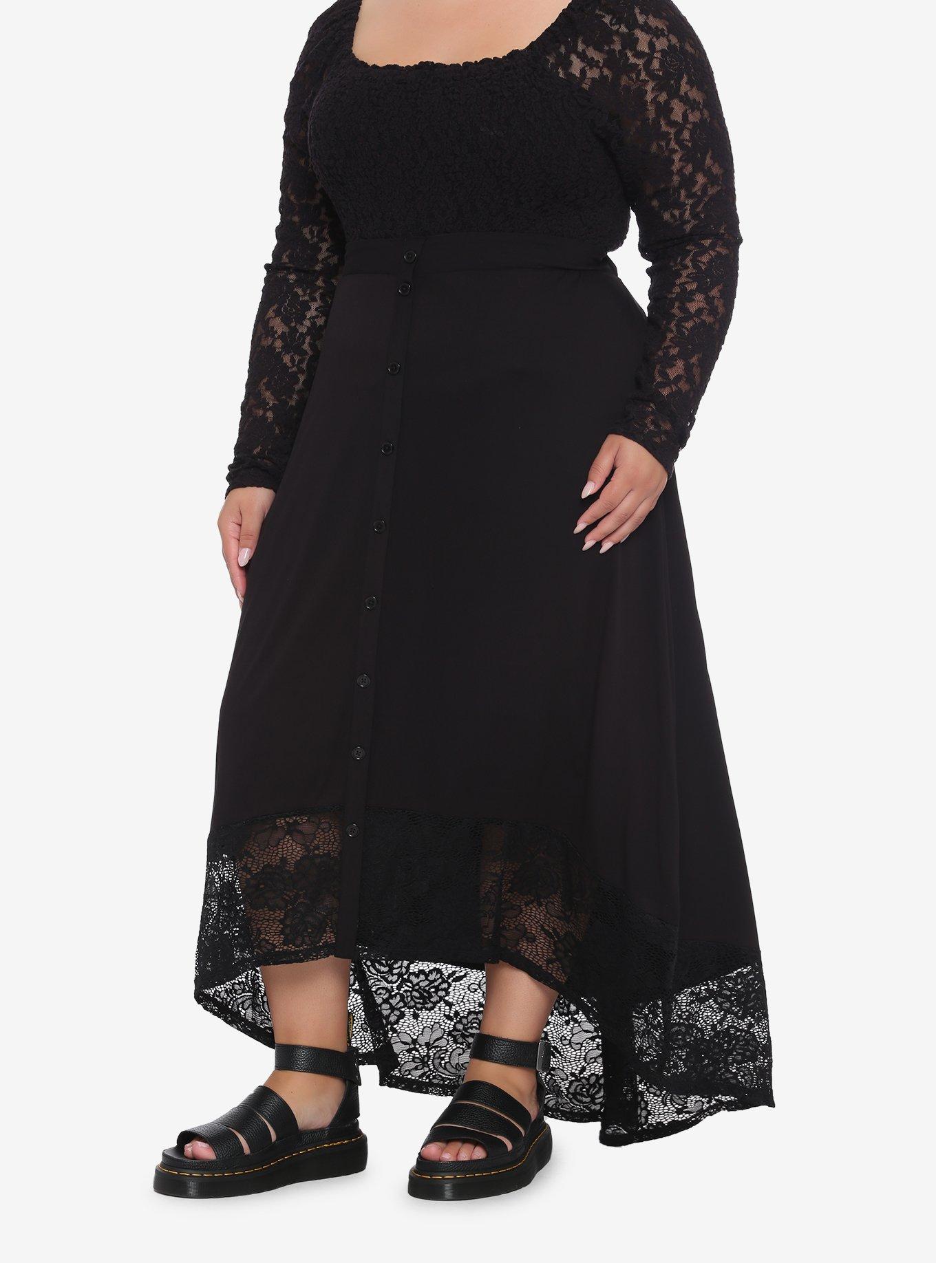 Black Lace Hi-Low Maxi Skirt Plus Size, BLACK, hi-res