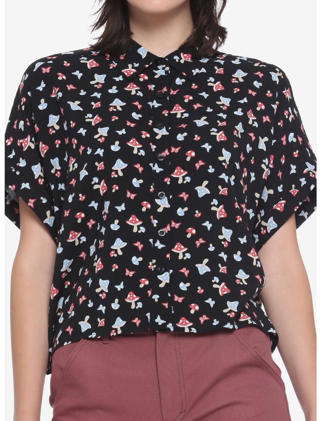 Mushroom Butterfly Girls Woven Button-Up, BLACK, hi-res