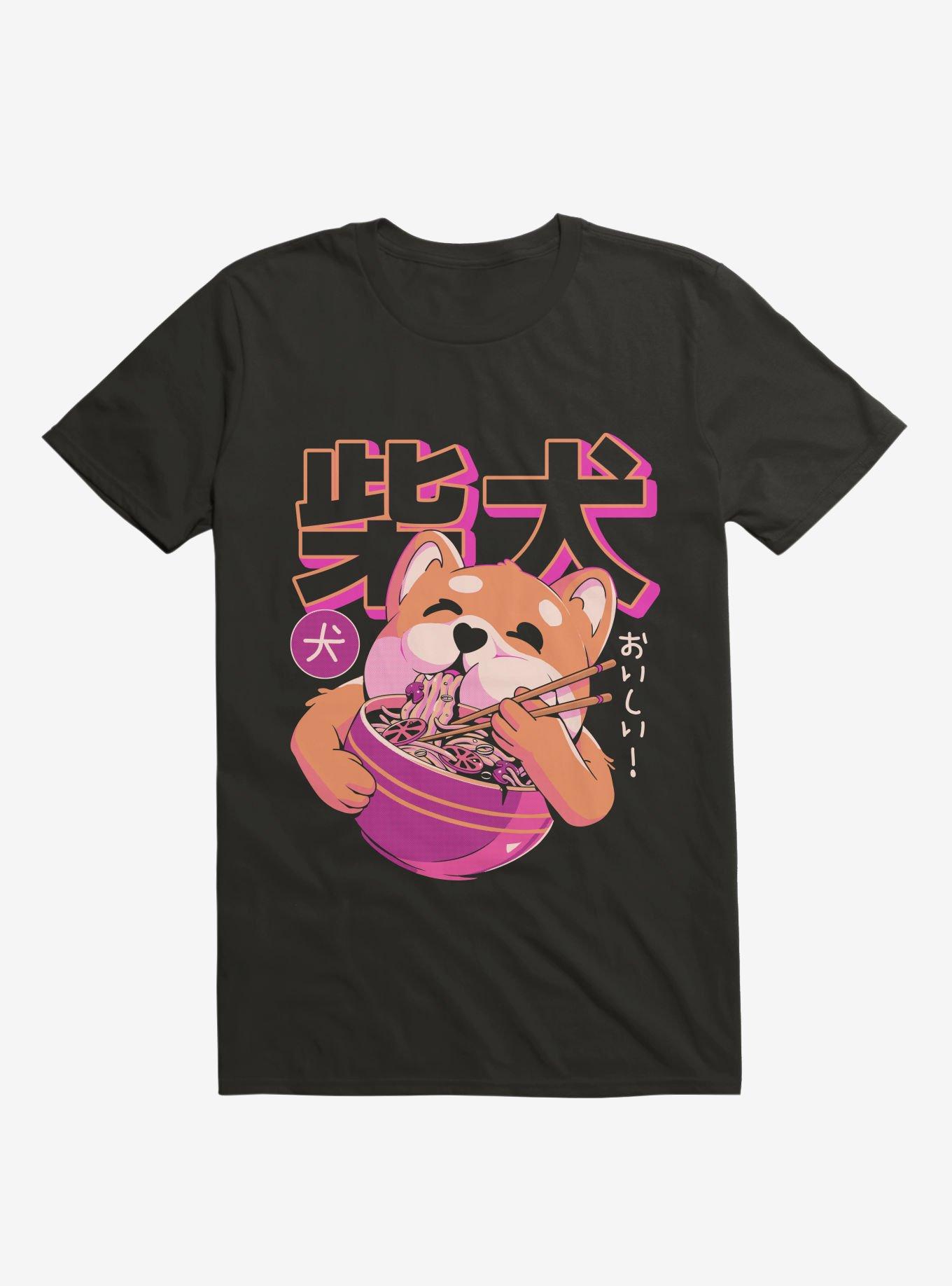 Shiba Eating Noodles Black T-Shirt, BLACK, hi-res