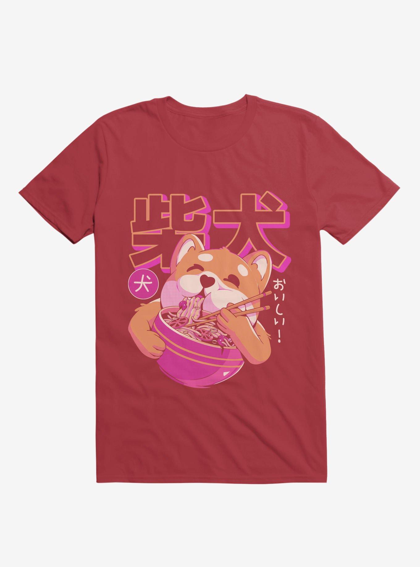 Shiba Eating Noodles Red T-Shirt, RED, hi-res