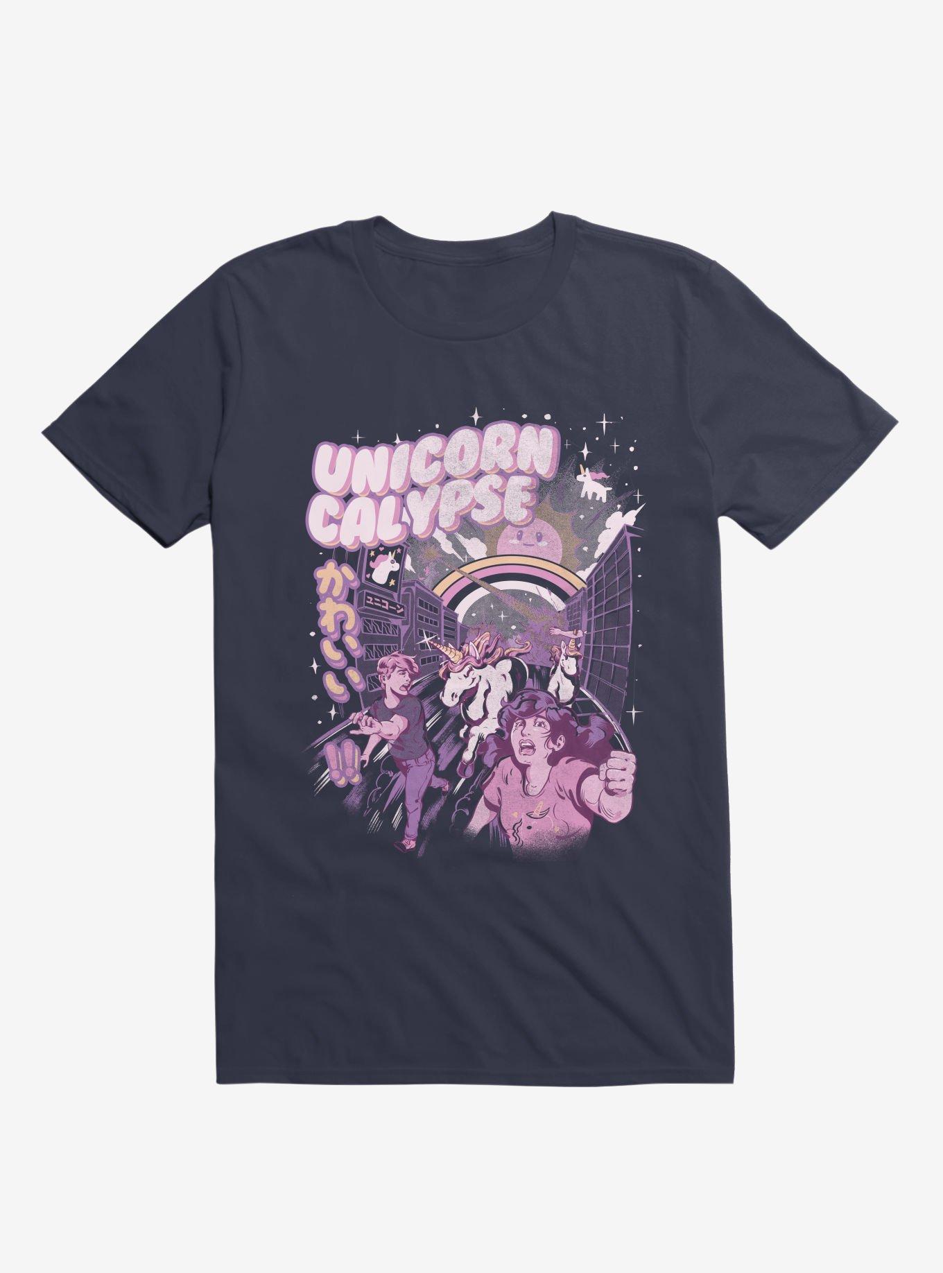 THRDLESS Unicorn Calypse Rainbow Sunshine Attack Navy Blue T-Shirt