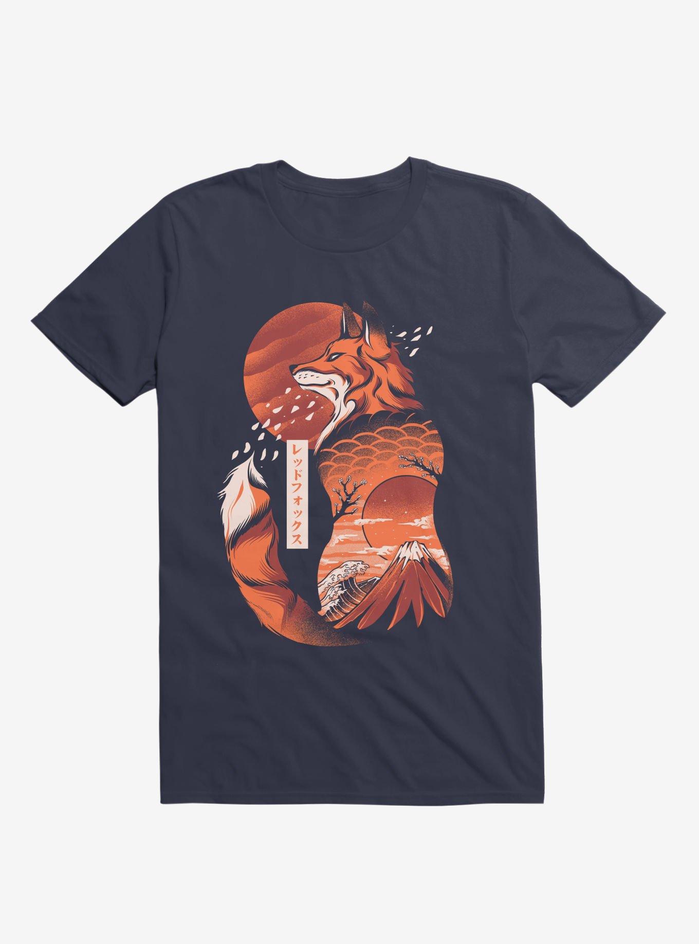 THRDLESS Japanese Rising Sun Fox Navy Blue T-Shirt