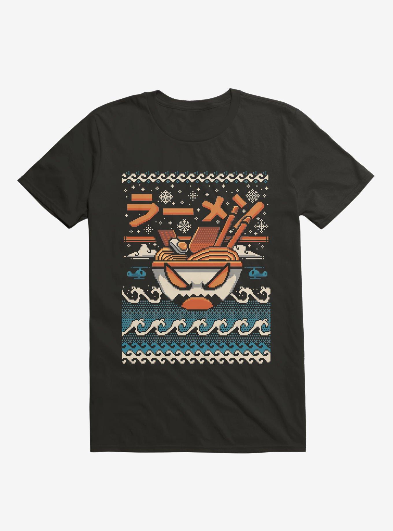 The Great Ramen Of Kanagawa Ugly Holiday Black T-Shirt, , hi-res