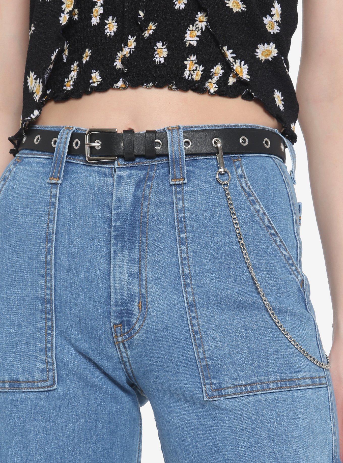 Black Faux Leather Grommet Belt With Chain Hot Topic