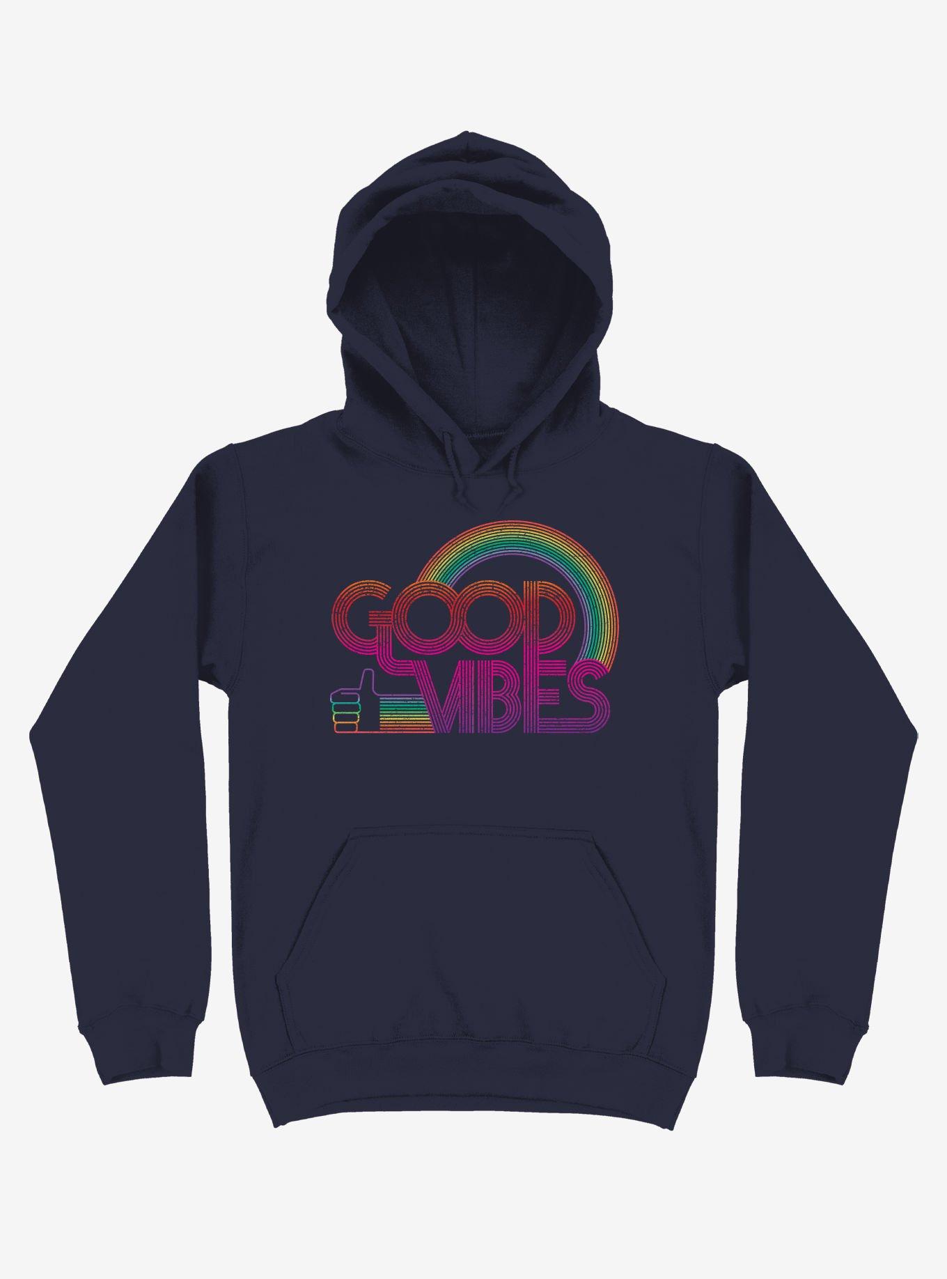 Good Vibes Rainbow Navy Blue Hoodie, , hi-res