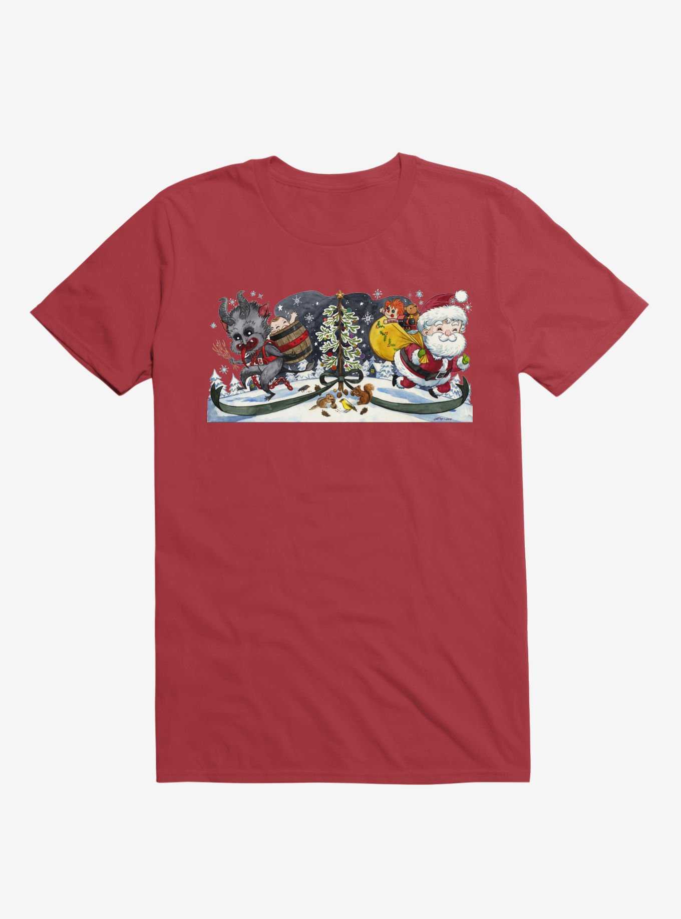 Cute Little Santa And His Spooky Pal Krampus Red T-Shirt, , hi-res