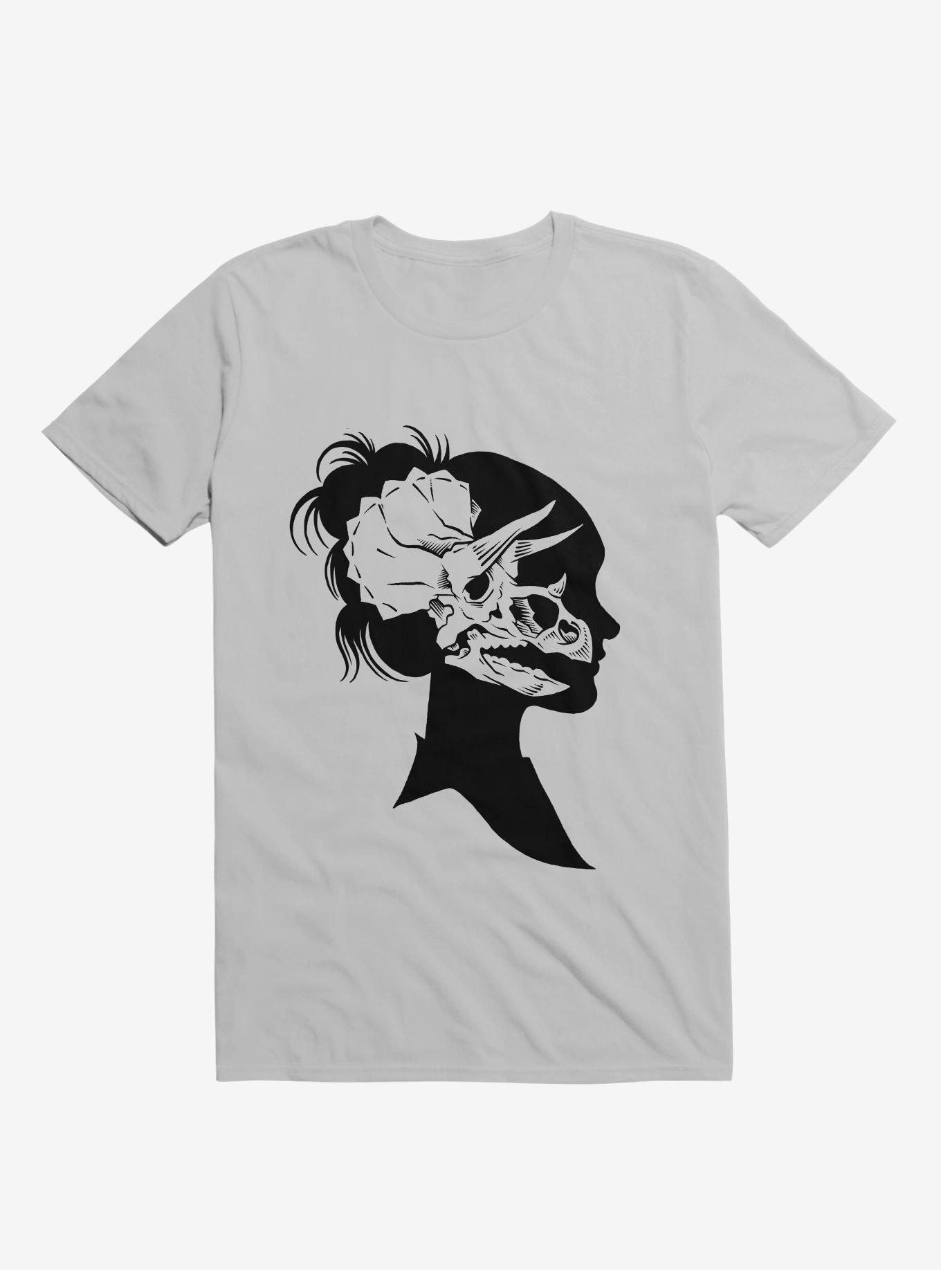 Triceratops Girl Skull Outline Ice Grey T-Shirt, ICE GREY, hi-res