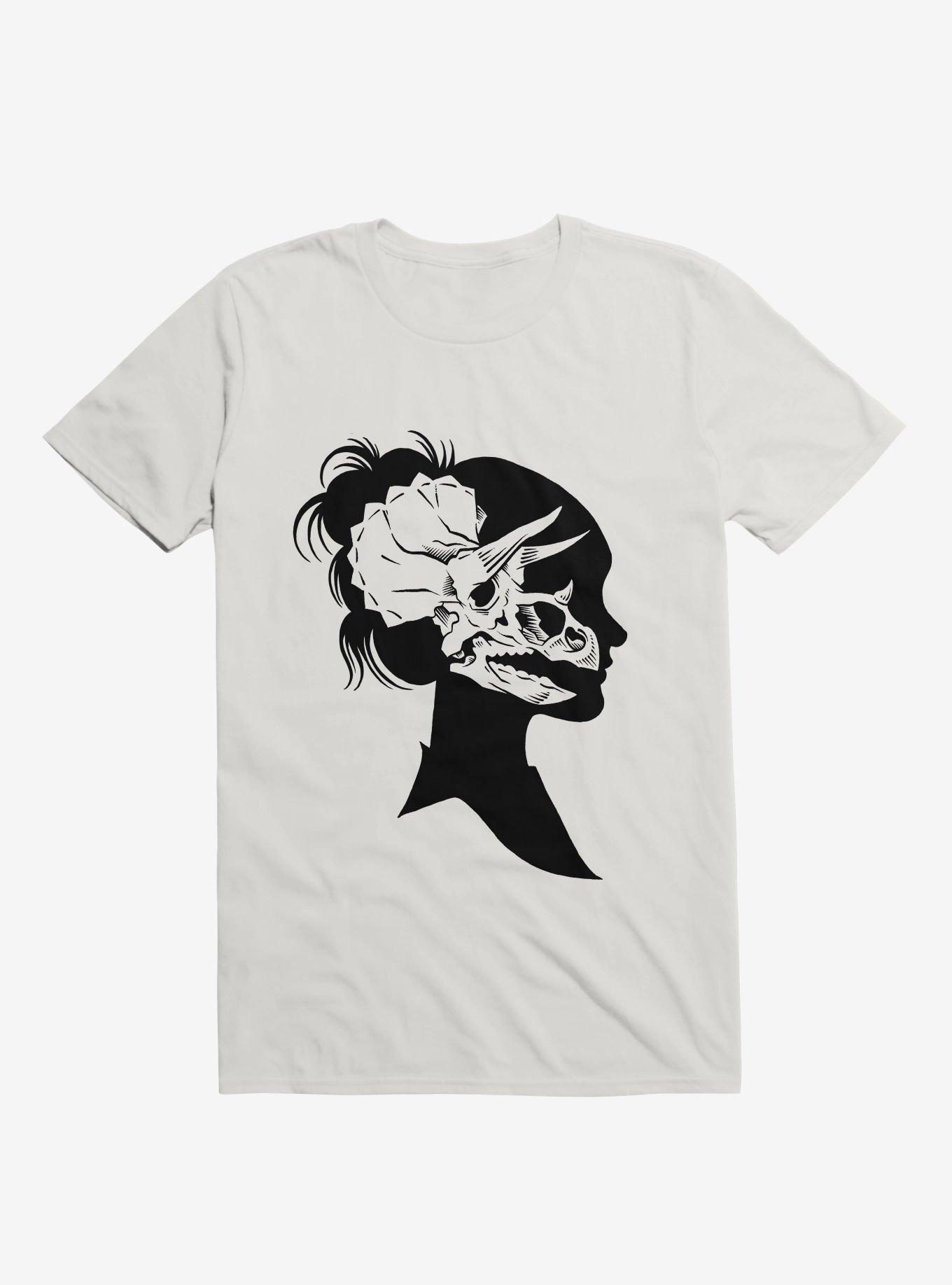 Triceratops Girl Skull Outline White T-Shirt, , hi-res