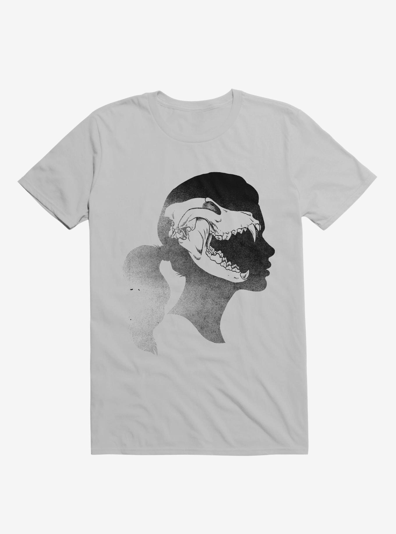 Wolf Skull Girl Outline Ice Grey T-Shirt, ICE GREY, hi-res