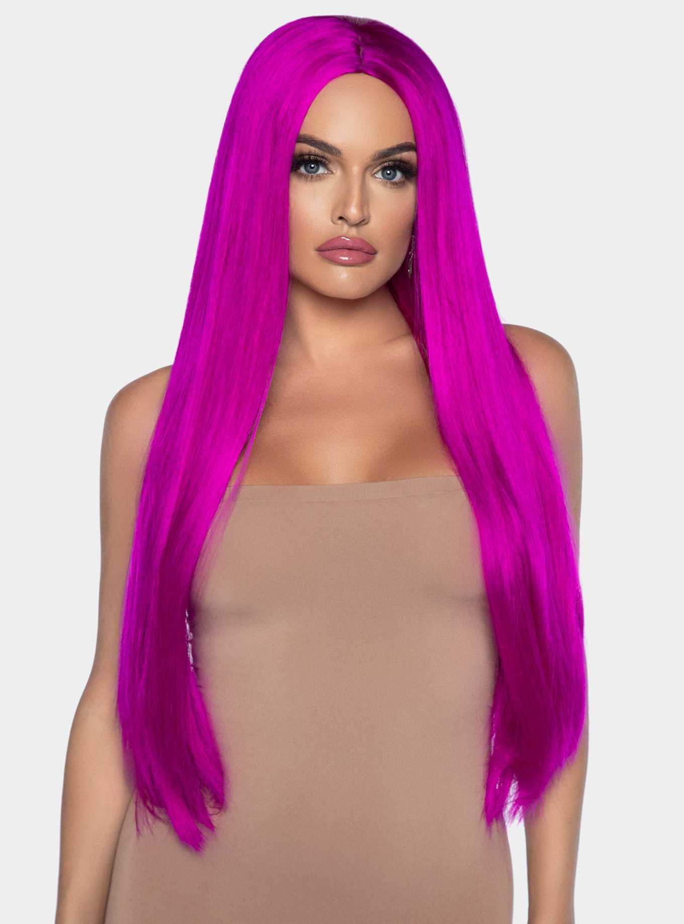 Long Straight Center Part Wig Neon Pink, , hi-res