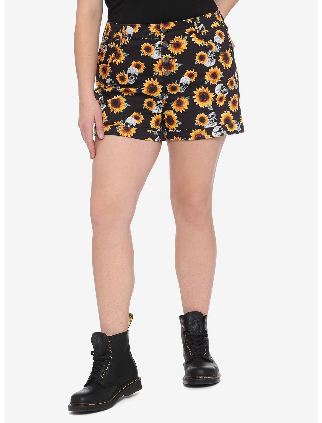 HT Denim Sunflowers & Skulls Ultra Hi-Rise Button-Front Shorts Plus Size, BLACK, hi-res