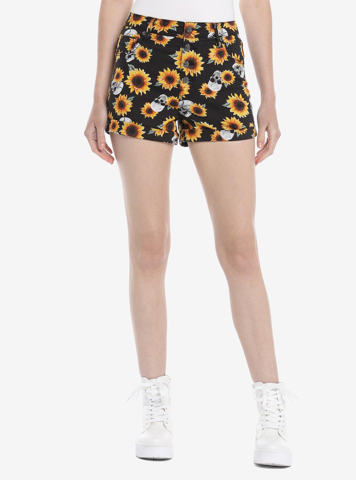 HT Denim Sunflowers & Skulls Ultra Hi-Rise Button-Front Shorts, , hi-res