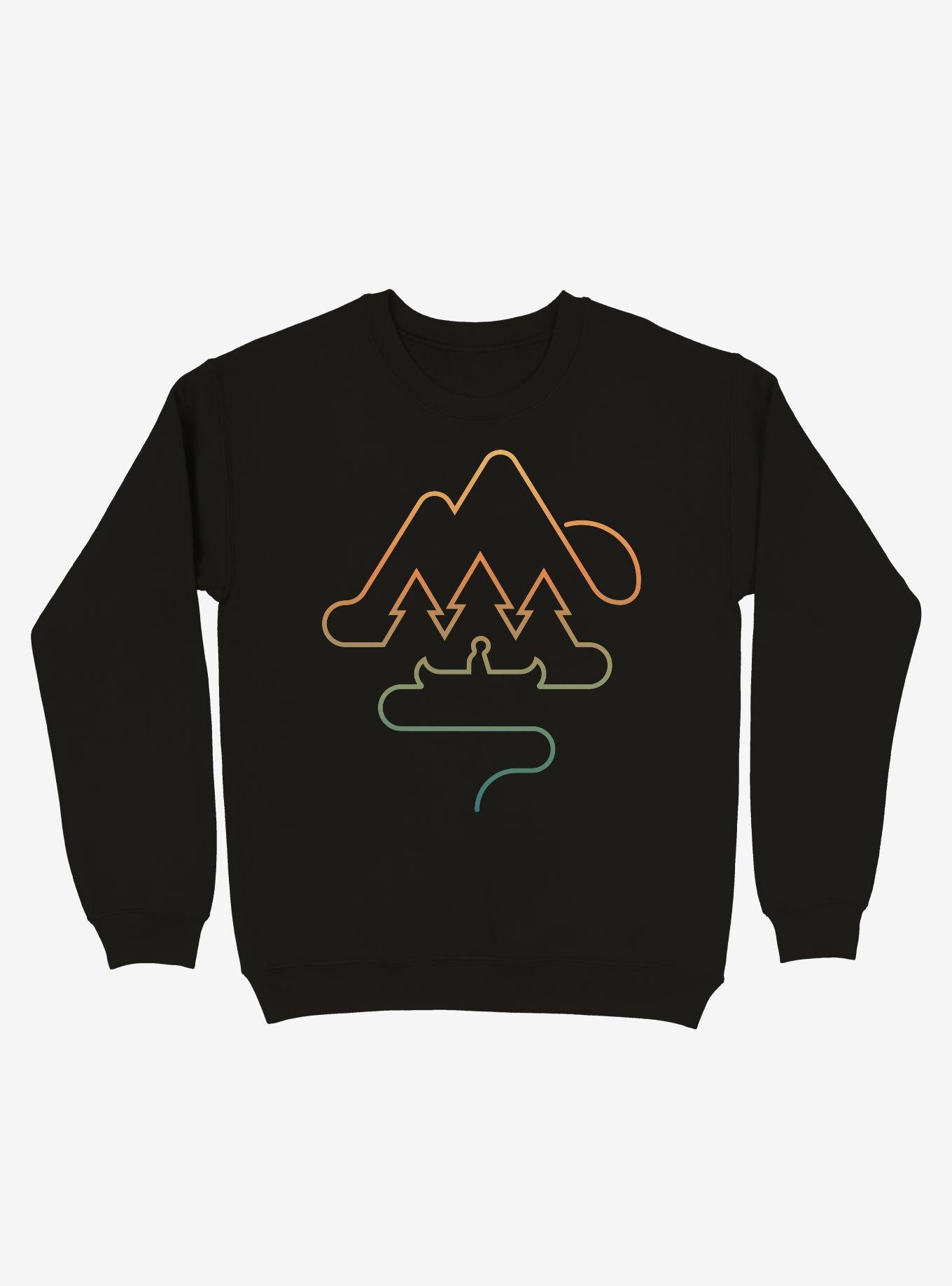 Tree And Canoe Outline Crew Sweatshirt, BLACK, hi-res