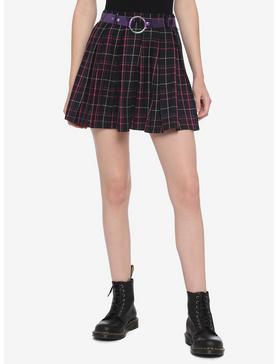 Black Purple Pink Plaid Pleated Skirt With O-Ring Belt, , hi-res