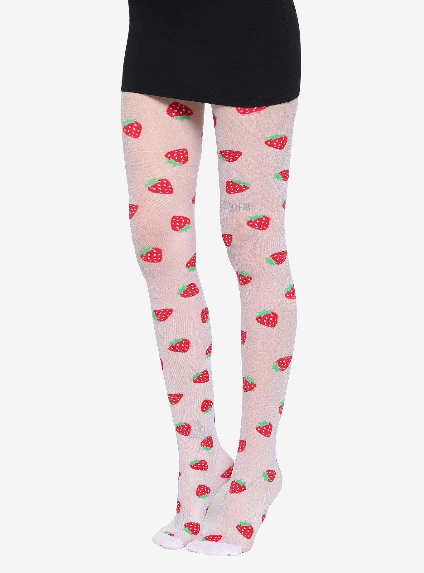 White Strawberry Pattern Tights, , hi-res