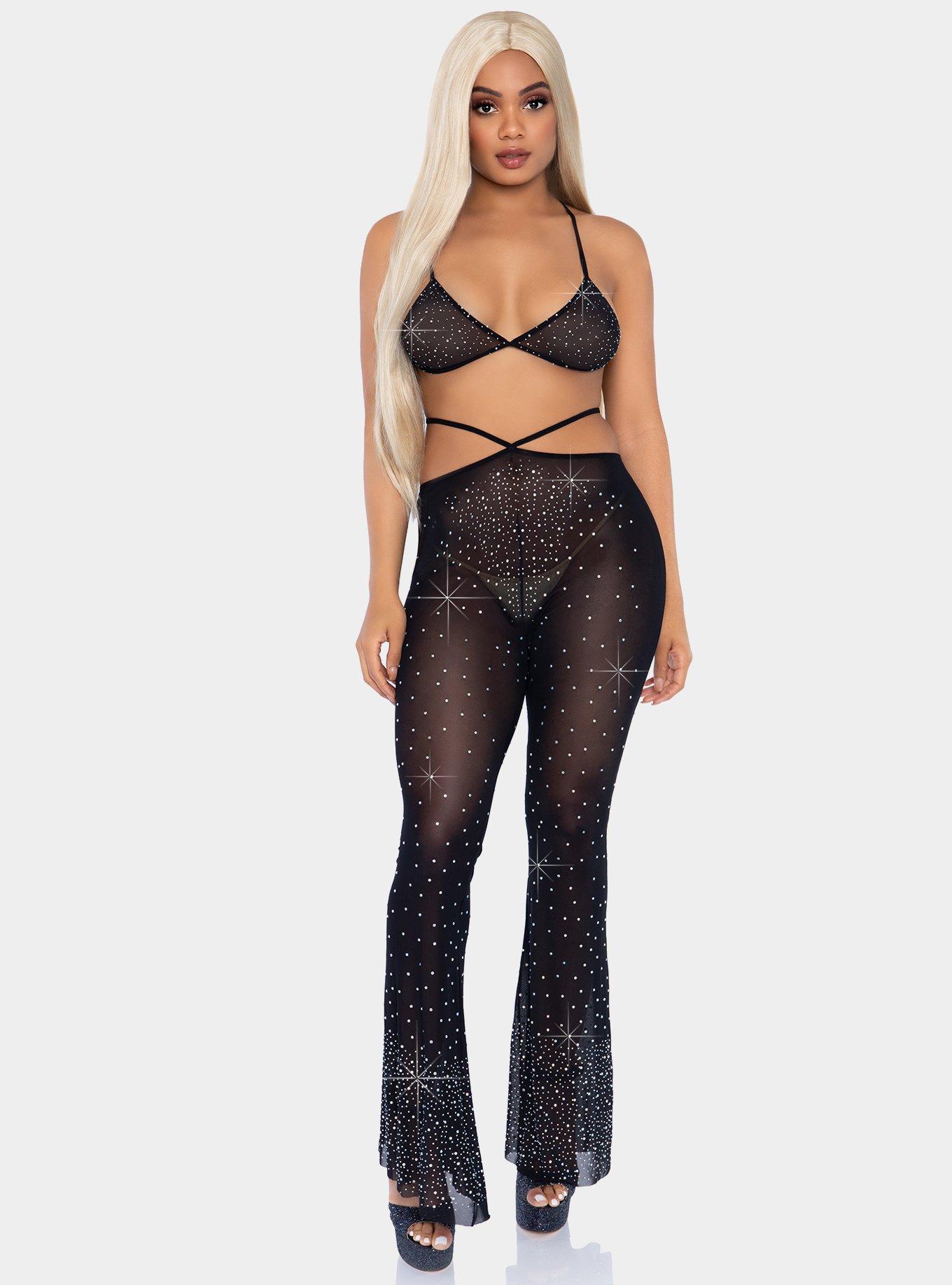 2 Pc Rhinestone Mesh Bikini Top And Pant Set Black, , hi-res