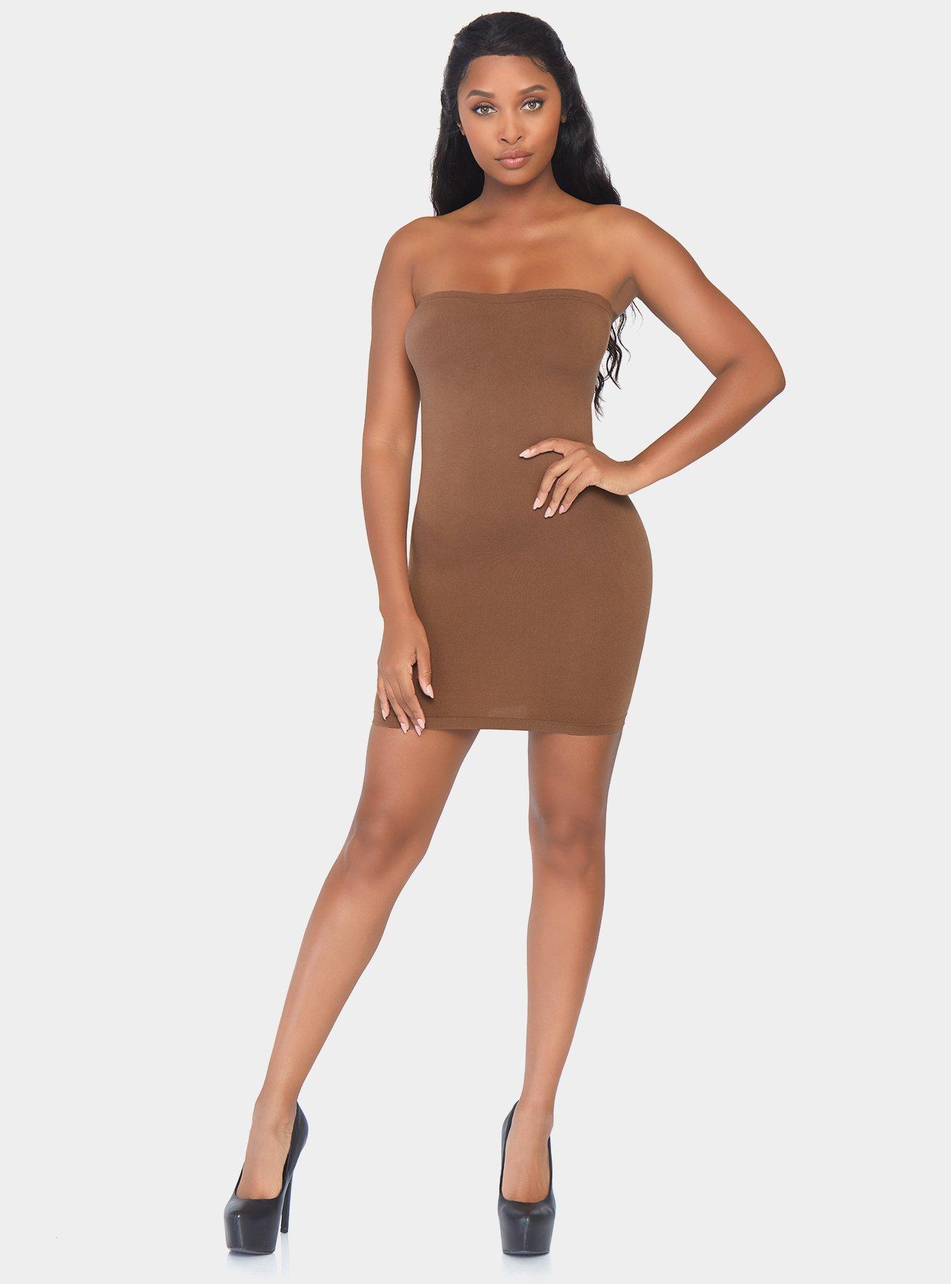 Seamless Opaque Microfiber Bodycon Tube Dress Tan, , hi-res