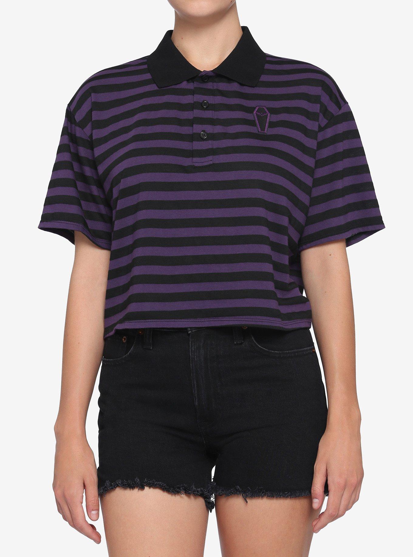 Black & Purple Stripe Coffin Oversized Girls Crop Polo Shirt, STRIPE - PURPLE, hi-res