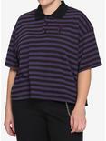 Black & Purple Stripe Coffin Oversized Girls Crop Polo Shirt Plus Size, STRIPE - PURPLE, hi-res