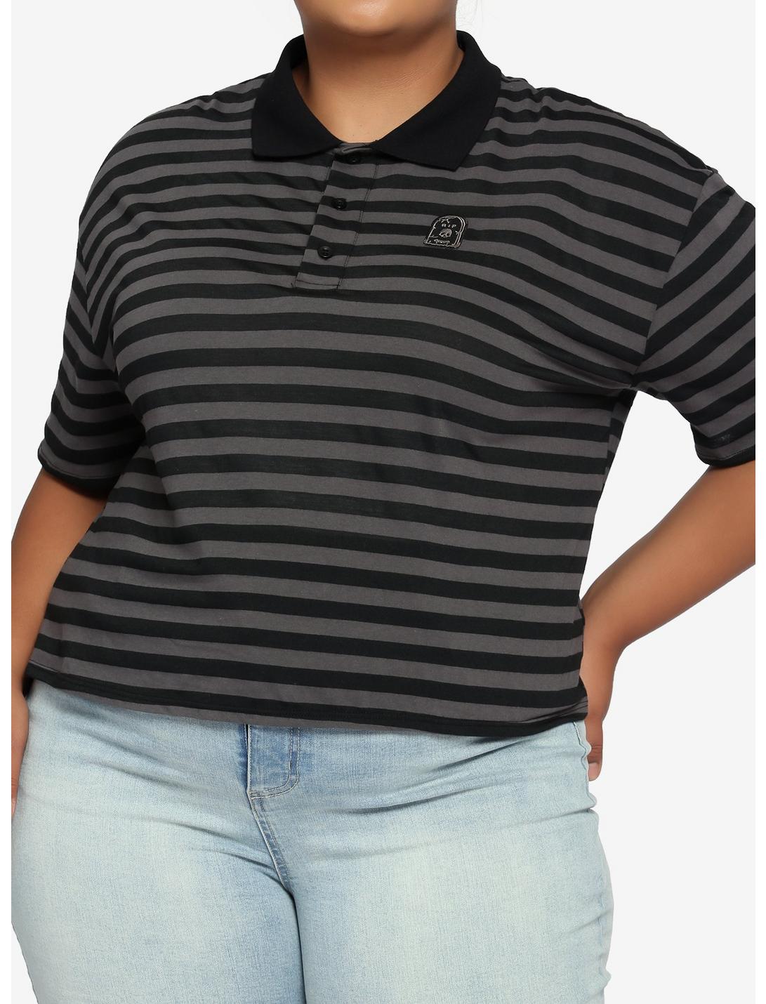 Grey & Black Embroidered Tombstone Stripe Oversized Girls Crop Polo Shirt Plus Size, STRIPE - GREY, hi-res