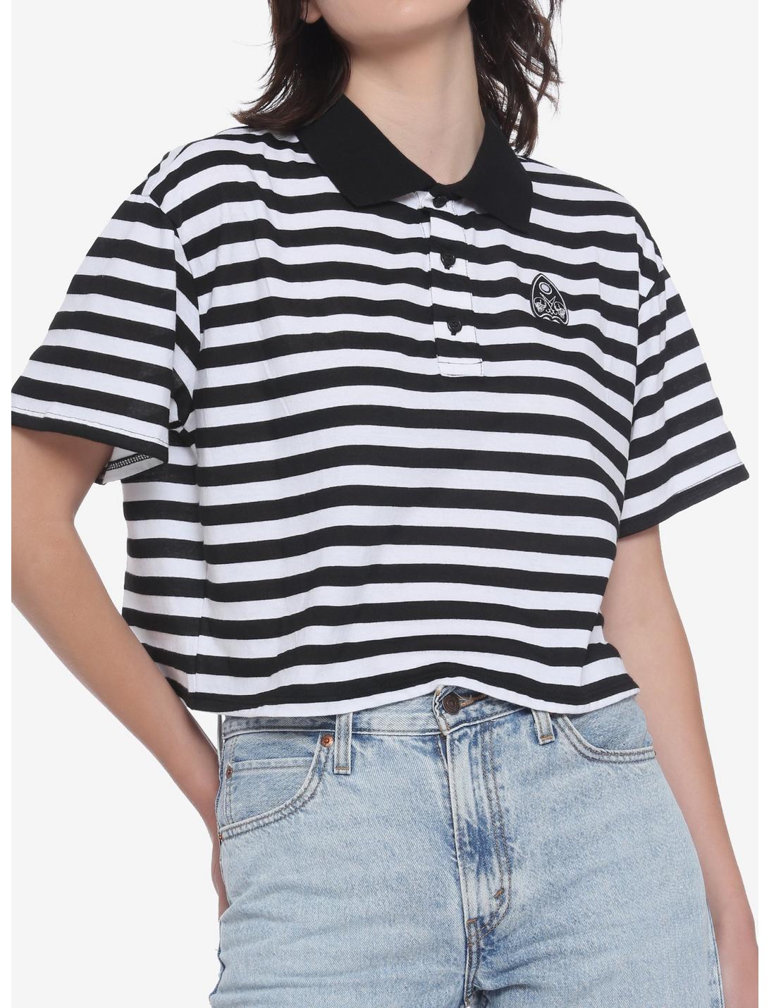 Planchette Black & White Stripe Oversized Girls Crop Polo Shirt, STRIPE - WHITE, hi-res