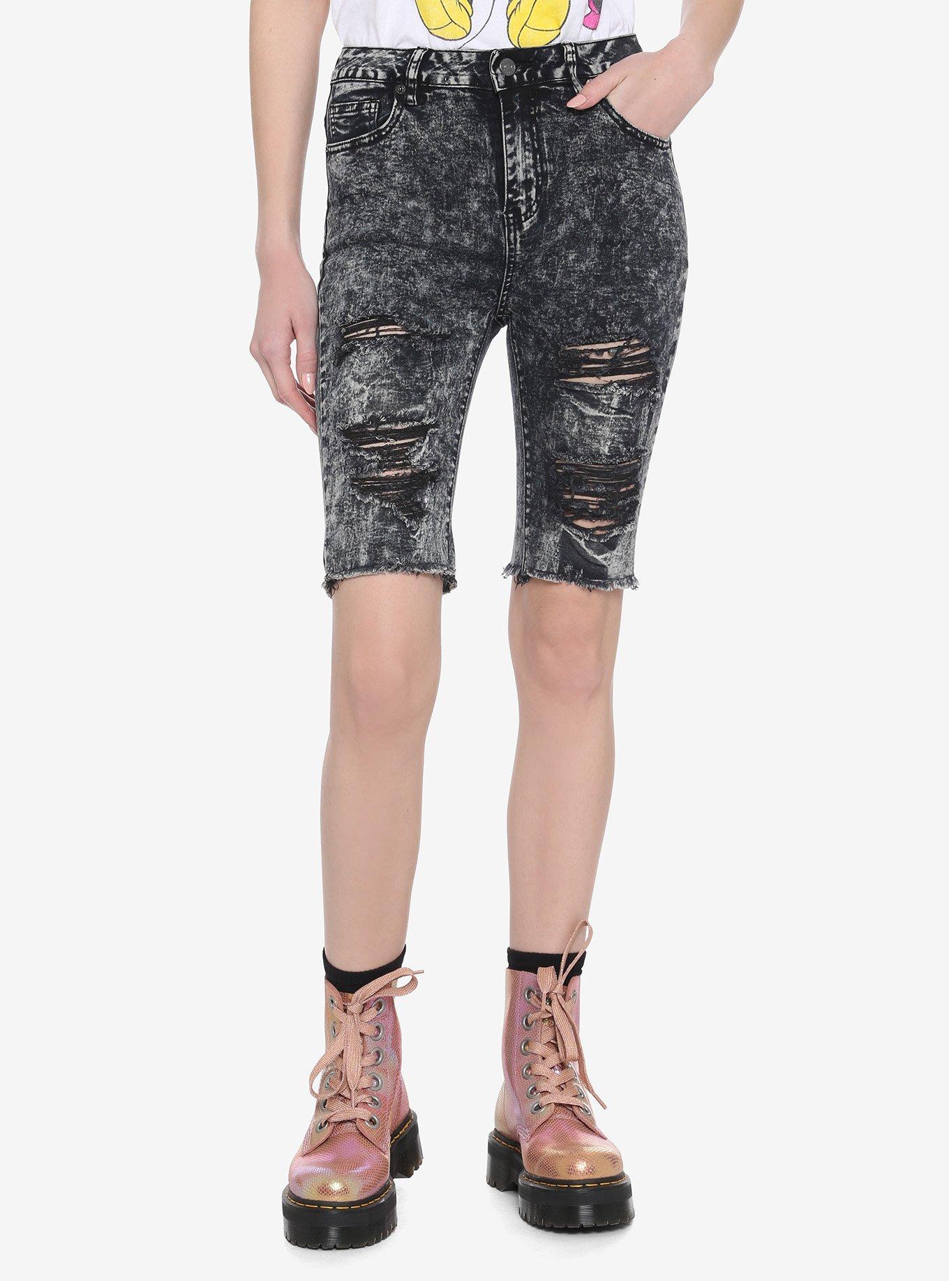 Destructed Acid Wash Denim Girls Bike Shorts, BLACK, hi-res