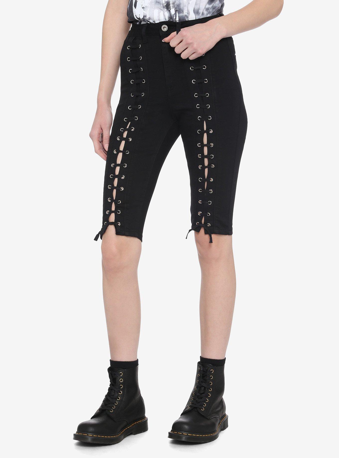 Black Lace-Up Front Denim Biker Shorts, BLACK, hi-res