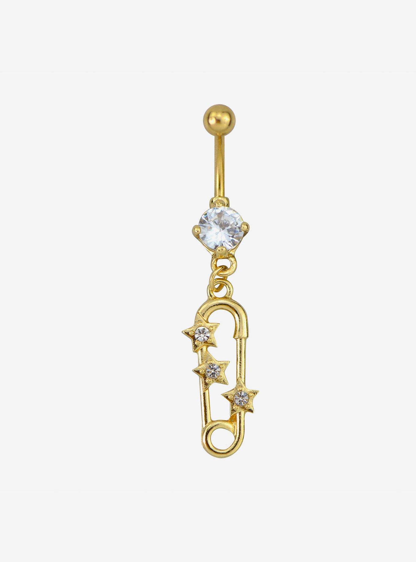 14G Steel Gold & CZ Safety Pin Dangle Navel Barbell, , hi-res