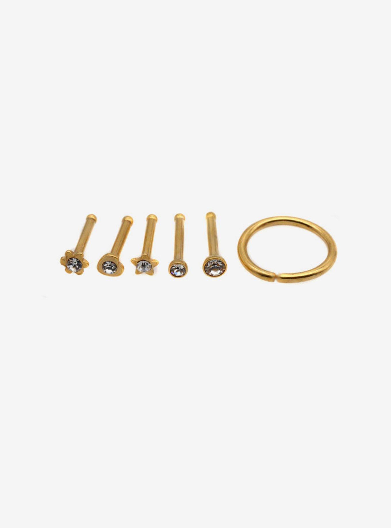 Steel Gold & CZ Shapes Nose Stud & Captive Hoop 6 Pack, GOLD, hi-res